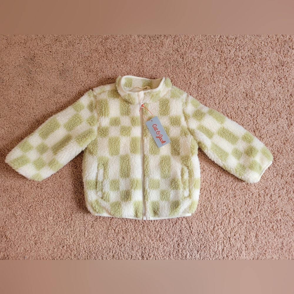 Toddler Girls' Checkered Plaid Faux Sherpa Fleece Zip Front Jacket Size 2T